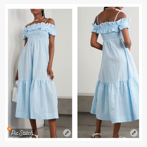 Ganni Ruffle Trim Smocked Seersucker Maxi Dress Ice Water - Picture 1 of 11